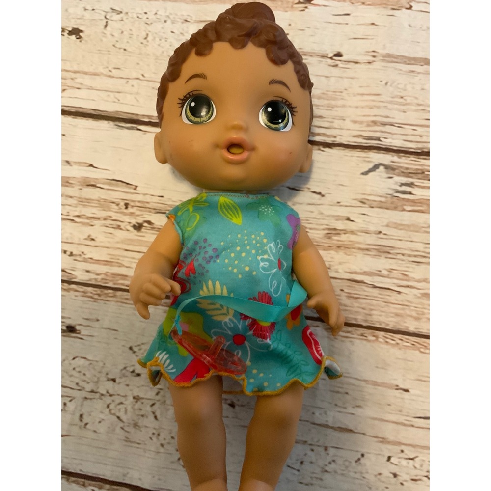 Hasbro Baby Alive Lil Sounds Brown Hair Green Eyes Doll E3688 Teal Floral Dress - Picture 2 of 4